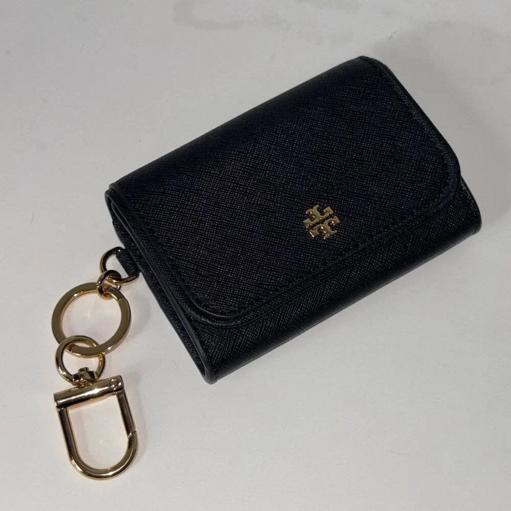 Tory Burch Emerson Flap Card Case Key Ring Coin Pouch Wallet Black . Saffiano l - Picture 1 of 6